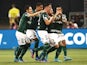 Palmeiras' Ze Rafael celebrates scoring their first goal with teammates on March 2, 2022