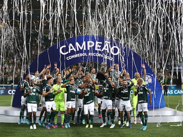 Palmeiras' Gustavo Gomez celebrates with the trophy after winning the Recopa Sudamericana on March 2, 2022