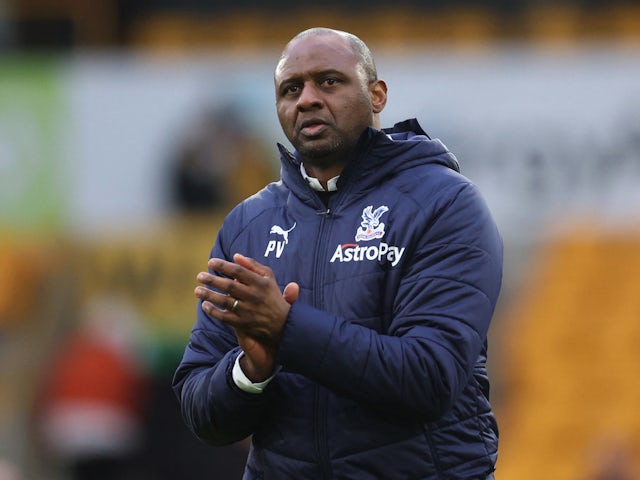 Crystal Palace manager Patrick Vieira applauds fans after the match on March 5, 2022