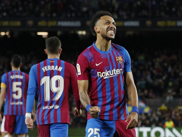 Barcelona's Pierre-Emerick Aubameyang celebrates scoring their first goal on February 27, 2022