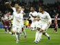 Real Madrid's Luka Modric celebrates scoring their second goal with Casemiro, David Alaba and teammates on March 5, 2022