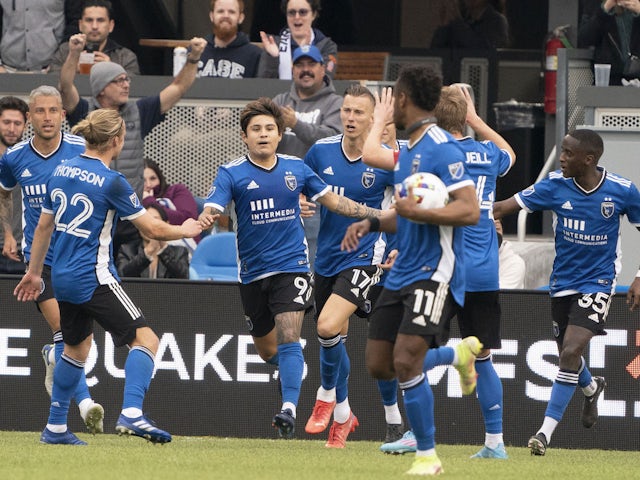 San Jose Earthquakes midfielder Javier Lopez (9) celebrates after scoring a goal against the New York Red Bulls during the second half at PayPal Park on February 26, 2022