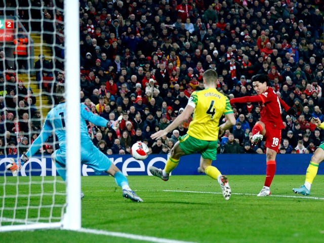 Takumi Minamino scores for Liverpool against Norwich City on March 2, 2022