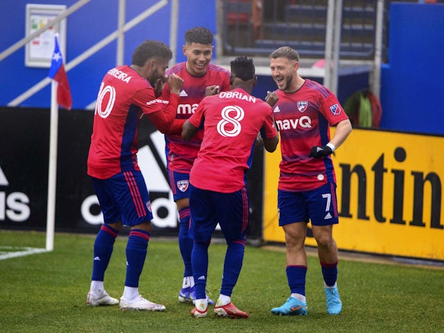 FC Dallas midfielder Jader Obrian (8) and forward Jesus Ferreira (10) and forward Paul Arriola (7) celebrates scoring a goal against Toronto FC during the first half of their MLS match at Toyota Stadium on February 26, 2022