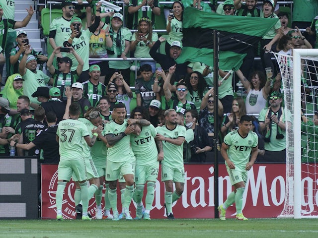 Austin FC defender Julio Cascante (18) celebrates with teammates after scoring a goal against Inter Miami in the first half of a MLS game at Q2 Stadium on March 6, 2022
