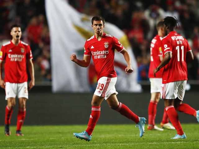 Benfica's Henrique Araujo celebrates scoring their first goal with Souahilo Meite on March 11, 2022