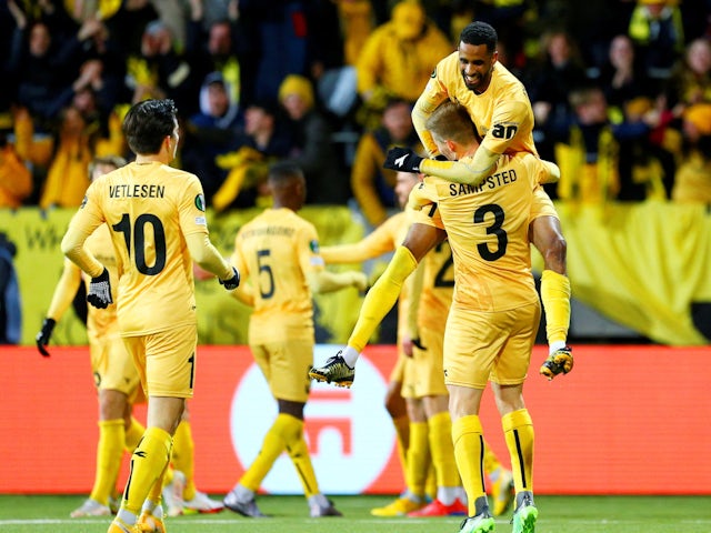 Bodo/Glimt's Amahl Pellegrino celebrates with team-mate Mats Torbergsen as he scores his first goal on 10 March 2022
