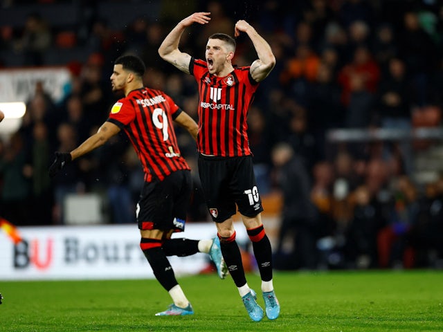 Bournemouth's Ryan Christie celebrates after scoring their first goal on March 8, 2022