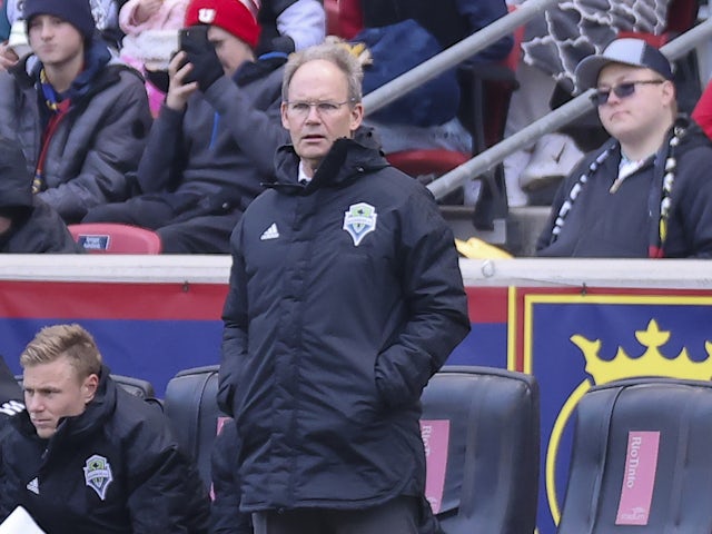 Seattle Sounders head coach Brian Schmetzer looks on in the first half against the Real Salt Lake at Rio Tinto Stadium on March 5, 2022