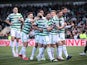 Celtic's Daizen Maeda celebrates scoring their first goal with teammates on March 6, 2022