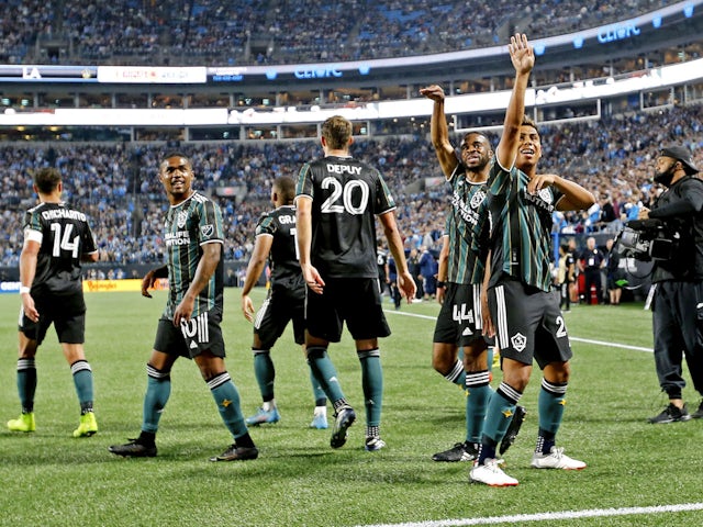 Los Angeles Galaxy midfielder Efrain Alvarez (26) celebrates scoring a goal against Charlotte FC during the second half at Bank of America Stadium on March 5, 2022