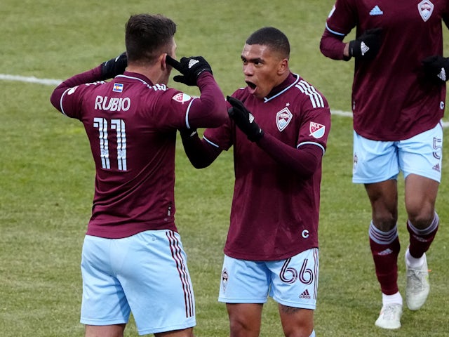 Colorado Rapids forward Diego Rubio (11) celebrates his goal with defender Lucas Esteves (66) in the first half against Atlanta United at Dick's Sporting Goods Park on March 5, 2022