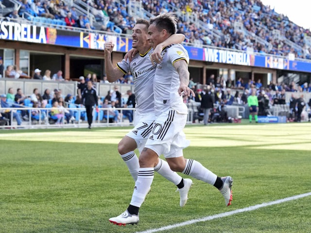 Columbus Crew midfielder Lucas Zelarayan (10) celebrates with forward Pedro Santos (7) after scoring a goal during the first half against the San Jose Earthquakes at PayPal Park on March 5, 2022