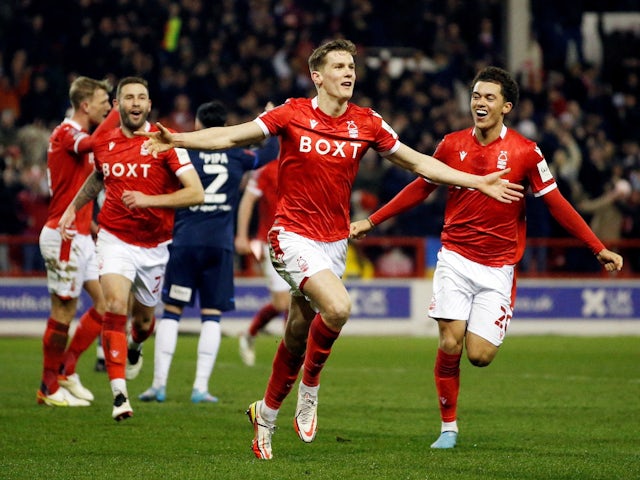 Nottingham Forest's Ryan Yates celebrates scoring their second goal with Brennan Johnson on March 7, 2022