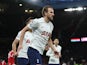 Harry Kane celebrates scoring for Tottenham Hotspur against Manchester United on March 12, 2022