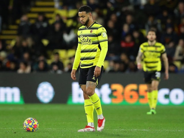 Watford's Joshua King looks dejected after Crystal Palace's Conor Gallagher scores their second goal on February 22, 2022
