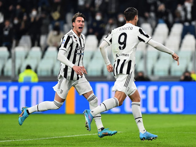 Juventus' Alvaro Morata celebrates scoring their first goal with Dusan Vlahovic on March 6, 2022