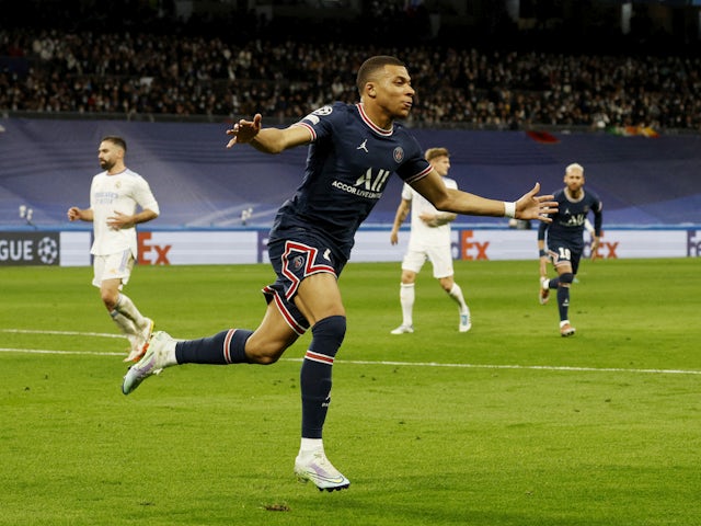 Paris Saint-Germain's Kylian Mbappe celebrates scoring against Real Madrid on March 9, 2022