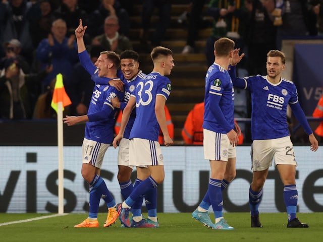 Leicester City's Marc Albrighton celebrates scoring their first goal with teammates on March 10, 2022