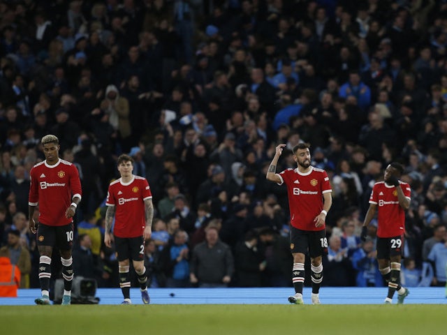 Manchester United's Bruno Fernandes looks dejected after Manchester City's Riyad Mahrez scores their third goal on March 6, 2022