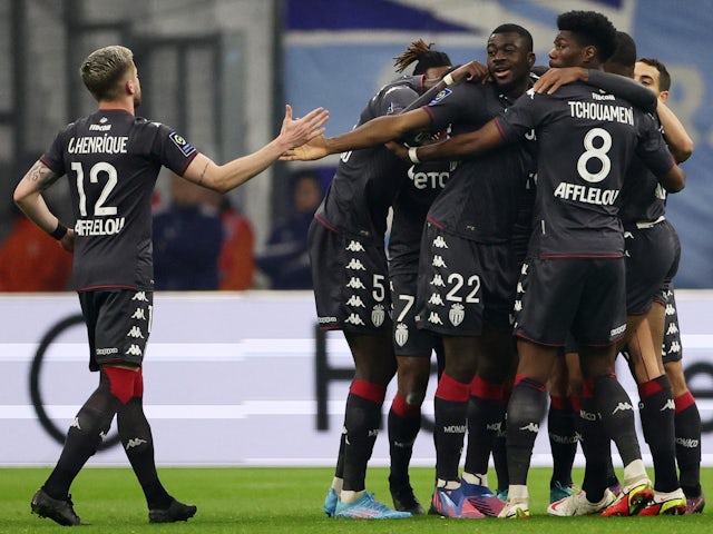 Monaco's Gelson Martins celebrates scoring their first goal with teammates on March 6, 2022