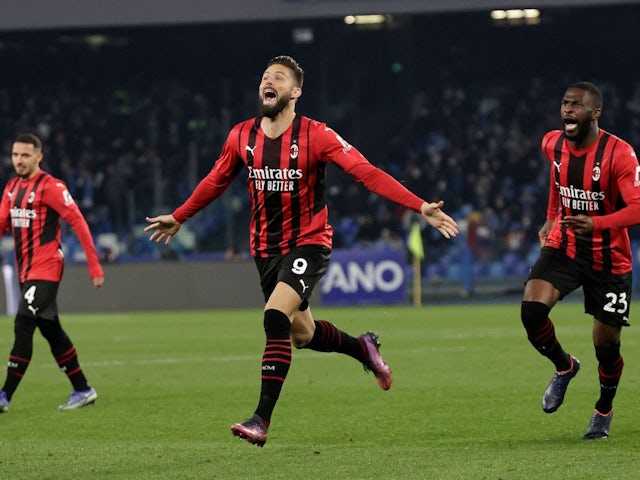 AC Milan's Olivier Giroud celebrates scoring their first goal on March 6, 2022