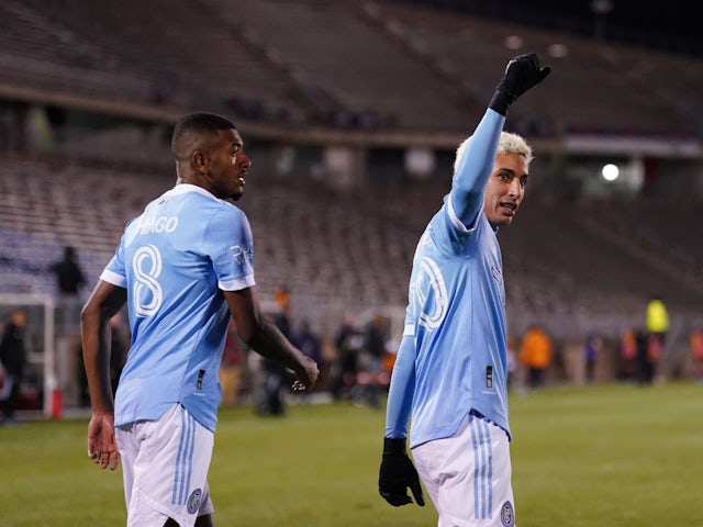 New York City FC S. Rodríguez (20) react to the crowd after scoring against Comunicaciones FC in the second half of the Concacaf Champions League Quarterfinal at Rentschler Field on March 9, 2022