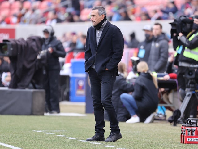 Real Salt Lake head coach Pablo Mastroeni looks on in the first half against the Seattle Sounders at Rio Tinto Stadium on March 5, 2022