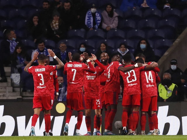 Lyon's Lucas Paqueta celebrates scoring their first goal with teammates on March 9, 2022