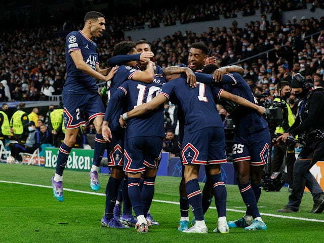 Paris Saint-Germain celebrate Kylian Mbappe's goal against Real Madrid on March 9, 2022