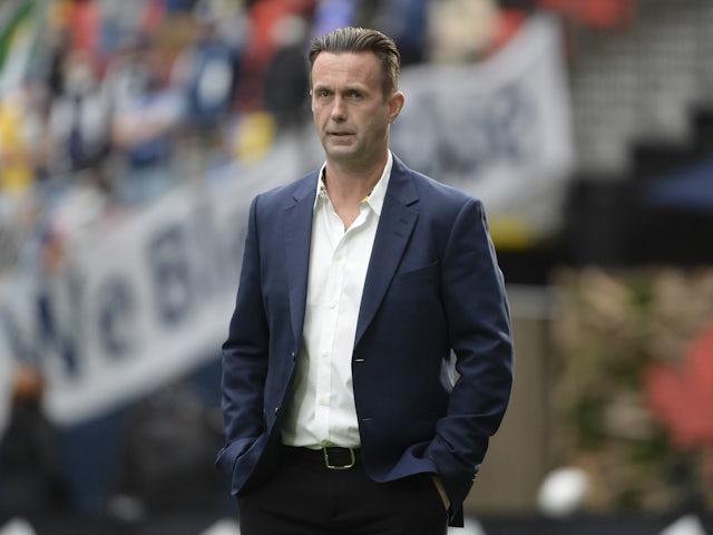 New York City FC head coach Ronny Deila walks onto the pitch before the start of the first half at BC Place on March 5, 2022