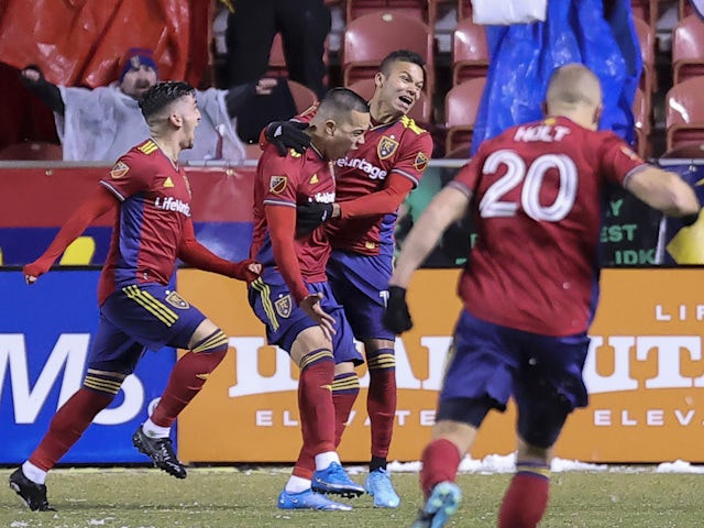 Real Salt Lake forward Bobby Wood (7) celebrates a goal with midfielder Maikel Chang (16) in the second half against the Seattle Sounders at Rio Tinto Stadium on March 6, 2022