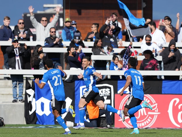San Jose Earthquakes forward Cristian Espinoza (10) celebrates after scoring a goal during the first half against the Columbus Crew at PayPal Park on March 5, 2022