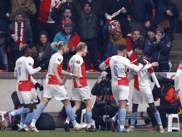 Slavia Prague's Yira Sor celebrates scoring their first goal with teammates on March 10, 2022