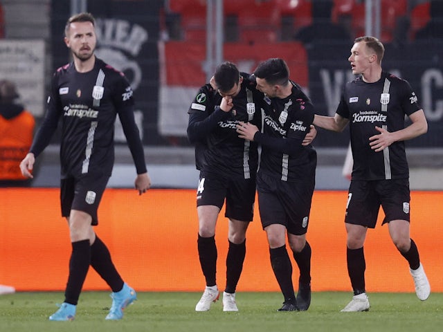 LASK Linz's Husein Balic celebrates scoring their first goal with teammates on March 10, 2022