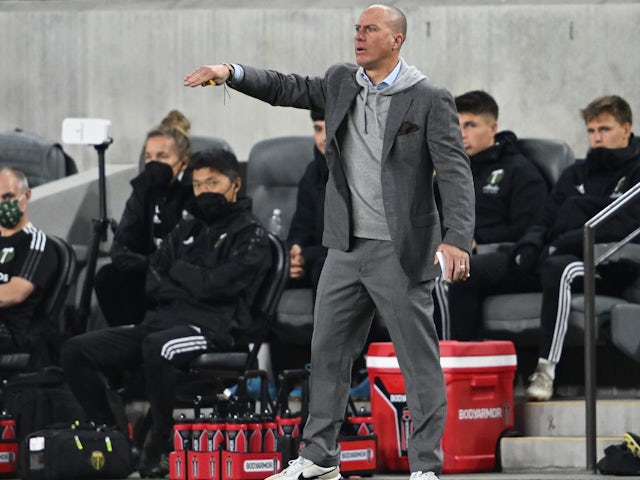Los Angeles FC head coach Steve Cherundolo on the sidelines in the first half against the Portland Timbers at Banc of California Stadium on March 6, 2022