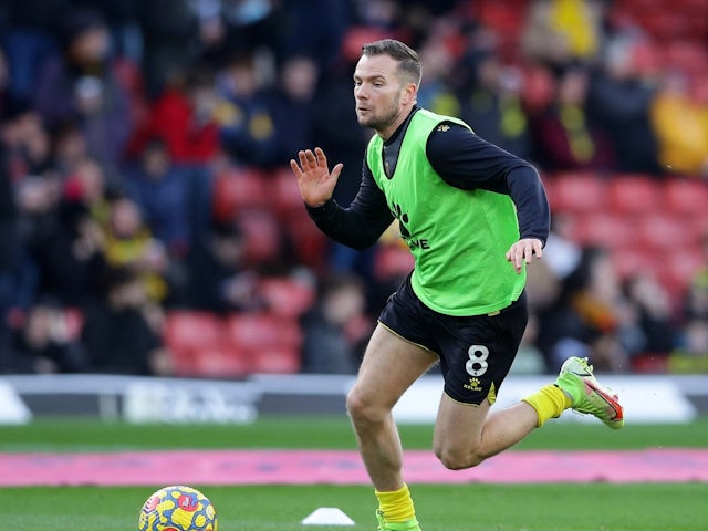 Watford's Tom Cleverley during the warm up before the match on February 14, 2022