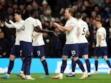 Tottenham Hotspur's Harry Kane celebrates scoring their fifth goal with Davinson Sanchez on March 6, 2022