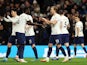 Tottenham Hotspur's Harry Kane celebrates scoring their fifth goal with Davinson Sanchez on March 6, 2022