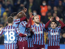 Trabzonspor's Anthony Nwakaeme celebrates scoring their first goal with Edin Visca, Manolis Siopis, Tymoteusz Puchacz, Abdulkadir Omur and teammates on March 6, 2022