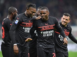 AC Milan's Pierre Kalulu celebrates scoring their first goal with teammates on March 12, 2022
