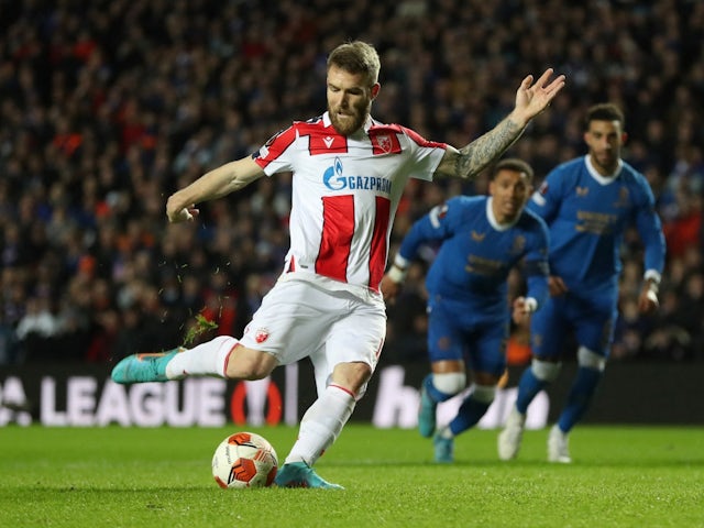 Red Star Belgrade's Aleksandar Katai takes a penalty that is saved by Rangers' Allan McGregor on March 10, 2022