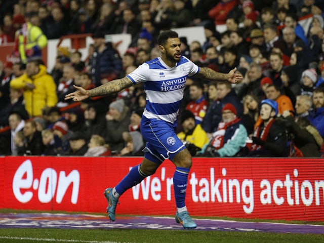 Queens Park Rangers' Andre Gray celebrates scoring their first goal on March 16, 2022