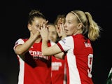 Arsenal Women's Beth Mead celebrates scoring their second goal with teammates on March 18, 2022