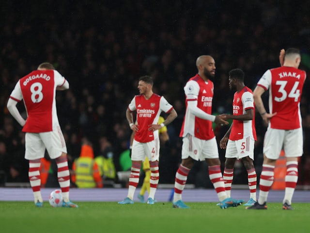 Arsenal players look dejected after Diogo Jota scores for Liverpool on March 16, 2022