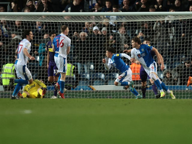 Blackburn Rovers' Tyrhys Dolan celebrates scoring their second goal on March 15, 2022