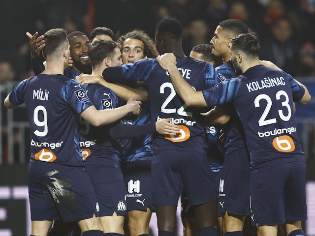 Marseille's Gerson celebrates scoring their first goal with teammates on March 13, 2022