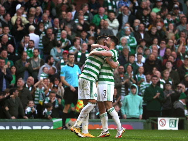 Celtic's Georgios Giakoumakis celebrates scoring their second goal with Greg Taylor on March 19, 2022