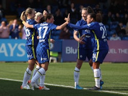 Chelsea Women's Magdalena Eriksson celebrates scoring their first goal with teammates on March 20, 2022