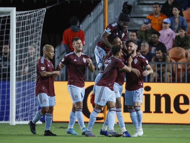 Colorado Rapids midfielder Mark-Anthony Kaye (14) celebrates with teammates after scoring a goal during the first half against the Houston Dynamo FC at PNC Stadium on March 19, 2022